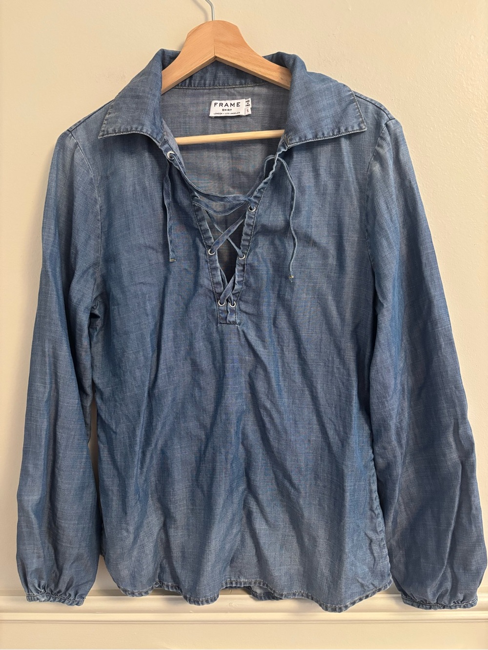Frame Denim Blue Chambray Lace-Up Long Sleeve Shirt